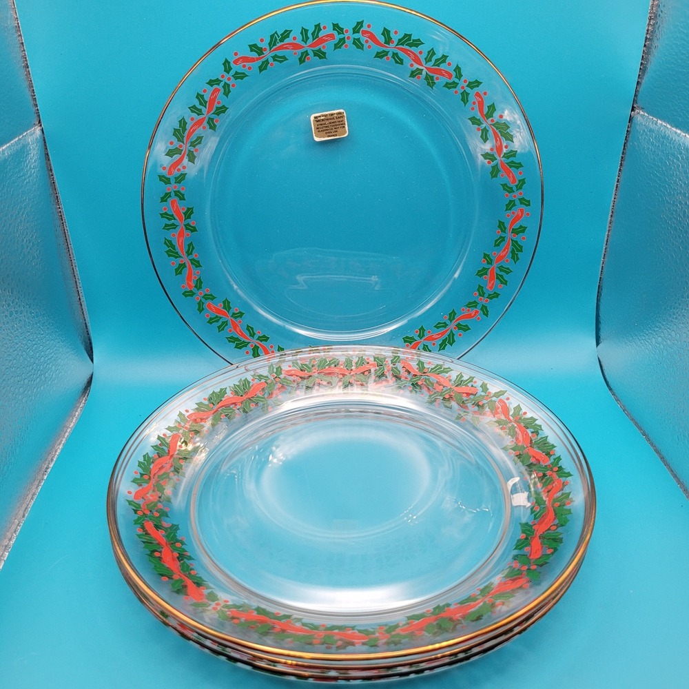 Arcoroc (4) Holly and Ribbon‎ 8" Glass Gold Trim Salad Plates AOC3 Vintage